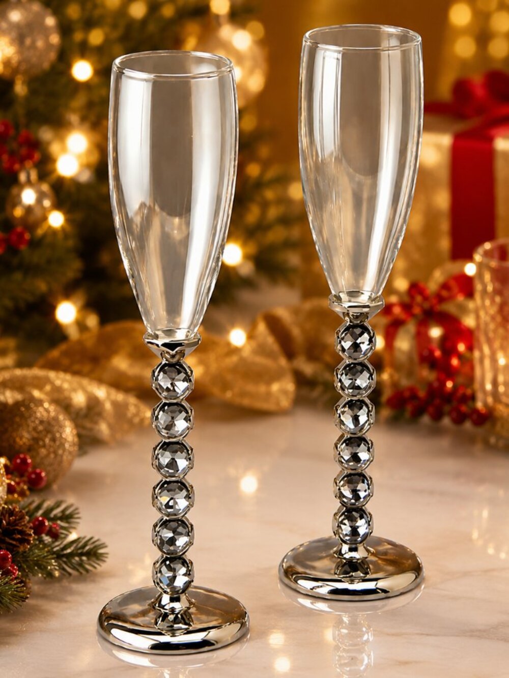 Set of Two Champagne Flutes with Crystal Stems